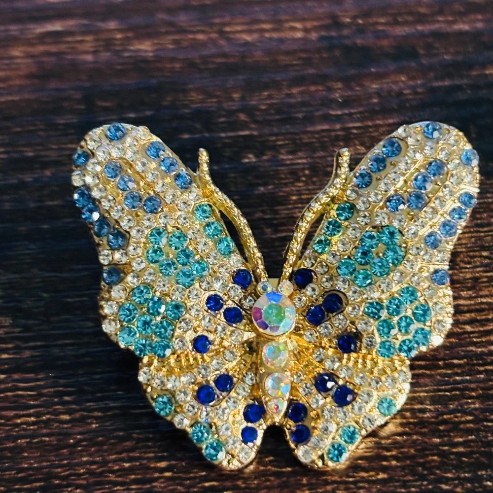 Gold Tone Blue Teal Rhinestone Butterfly Brooch Pin Statement Jewelry